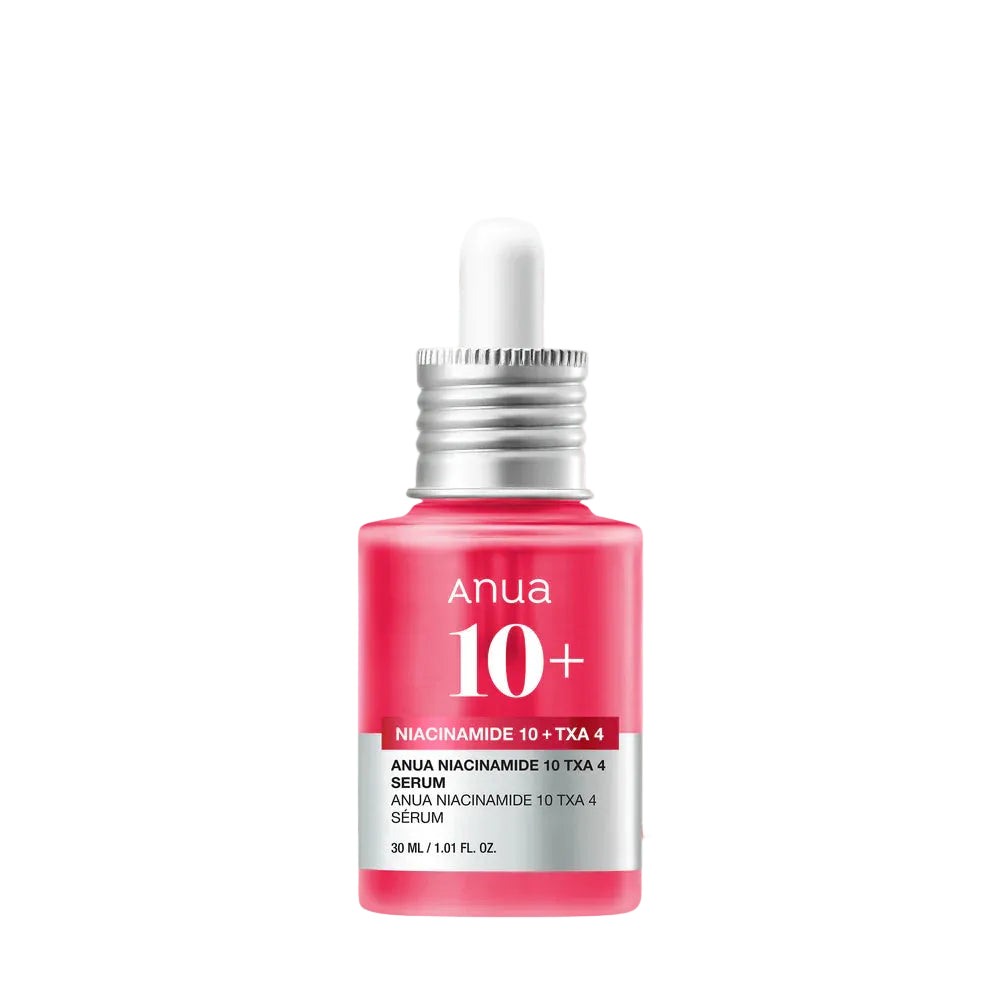 Anua 10+ serum bottle with dropper on a white background
