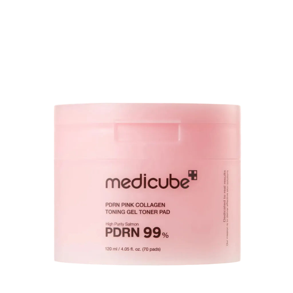 Pink collagen toning gel toner pad with Medicube branding on a white background