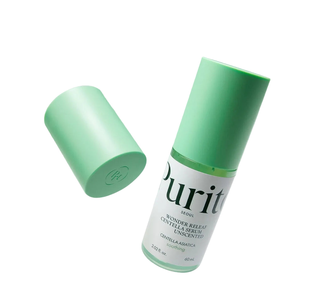 Skincare serum bottle with green cap and white label on a gradient background